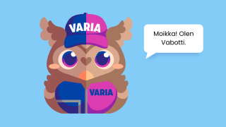 Opiskelijan kuvittama Vabotti, joka esittelee puhekuplassa itsensä.