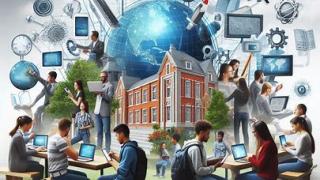 Copilotin luoma kuva, jossa ihmisiä koulun ympärillä ja taivaalla digivälineitä kuten näyttöjä ja läppäreitä.