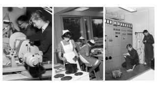 Kolme kuvaa Tikkurilan ammattikoulusta. Ensimmäisessä on viilaaja-koneistajalinjan opiskelijoita. Toisessa on laitoskeittäjälinjan opiskelijoita. Kolmannessa kuvassa on sähköasentajalinjan opiskelijoita lukuvuonna 1963-1964.