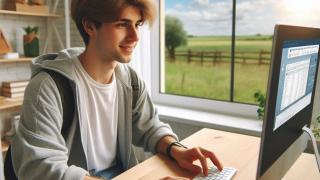 Copilotin tekemä kuva, jossa opiskleija tietokoneella.