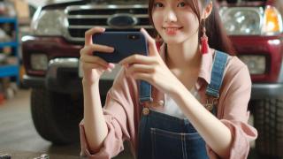 Opiskelija istuu työsalissa puhelin kädessä. Takana on auto konepelti auki. Pöydällä on työkaluja.