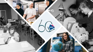 Neljän kuvan kollaasi, jonka keskellä on Varian 60-vuotislogo. Värillisissä kuvissa on maapalloa kantava Varian opiskelija sekä kolme nauravaa elintarvikealan opiskelijaa. Mustavalkoisissa kuvissa on viilaaja-koneistajaopiskelijoita ja pukuompelijaopiskelijoita.